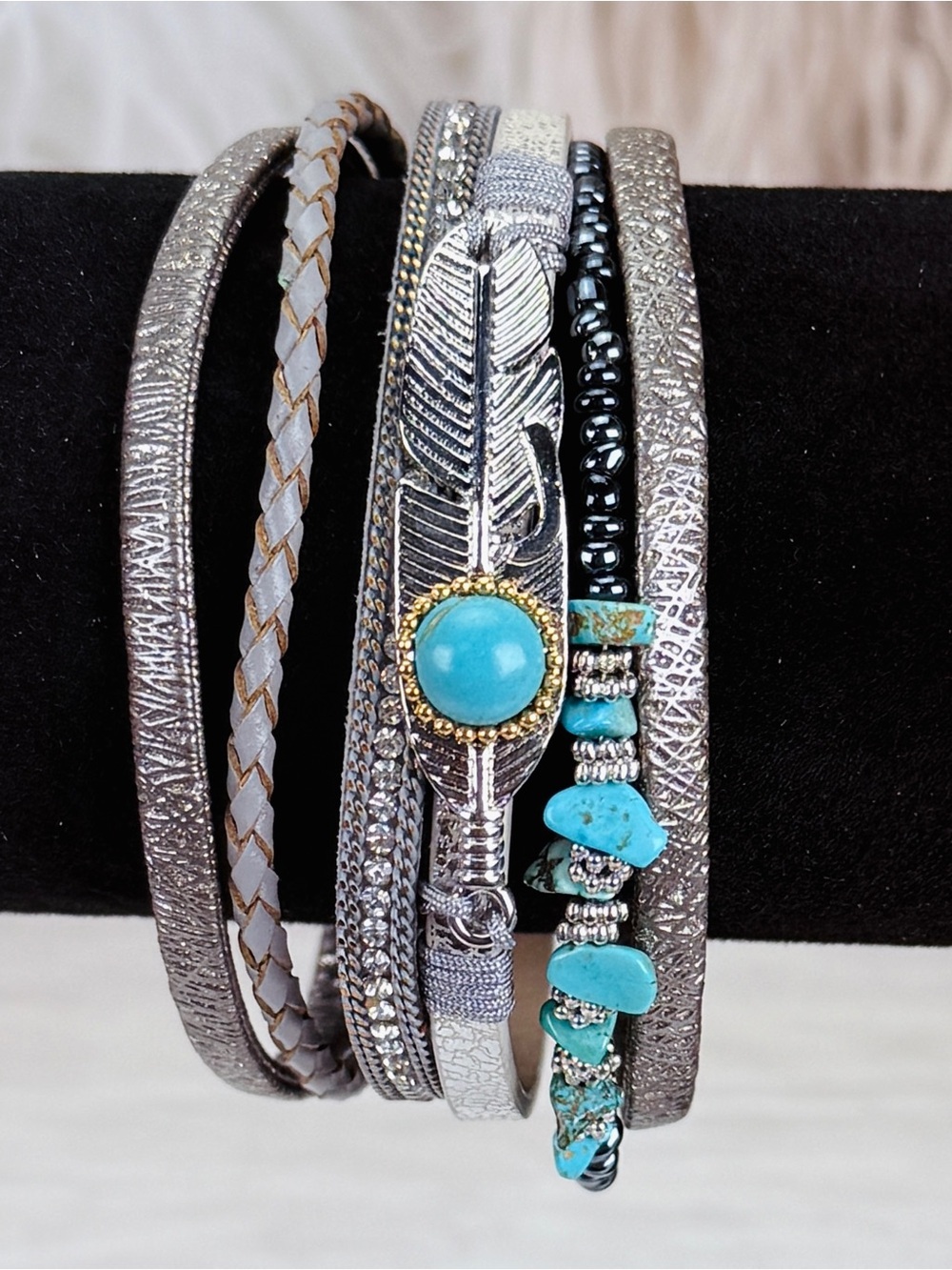 Multi-Layered Magnetic Closure Bracelet Faux Turquoise blue Silvertone Accent